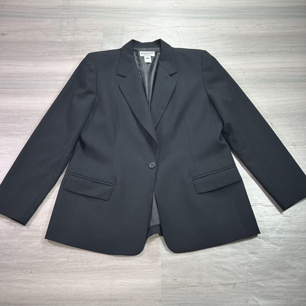 Pendleton Blazer Womens 14 Black Wool Made‎ USA Single Button Lined Jacket